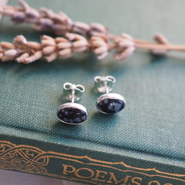 Earrings, Oval Silver Snowflake Obsidian Stud Earrings, ARC Jewellery