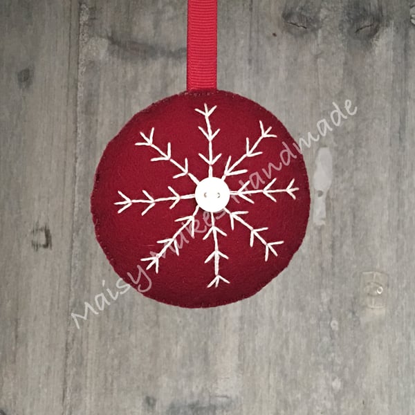 Christmas Snowflake 100% Wool Felt Hanging Decoration in Burgundy