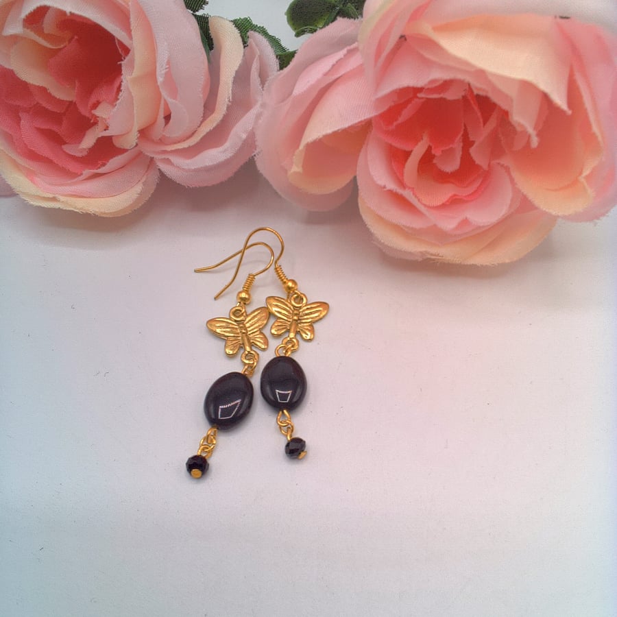 Earrings with Black Oval Glass Bead and a Gold Plated Butterfly, Gift for Her