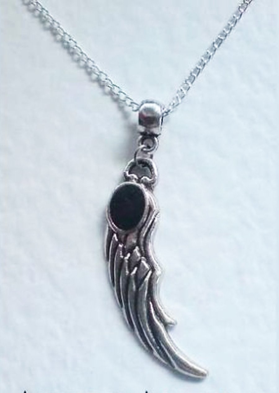 Black Enamel Gothic Dark Angel Wing Necklace Silver Plate 