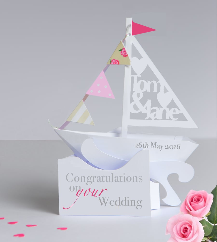 Personalised Wedding, Engagement Card of a Pop-up Sailing Boat.