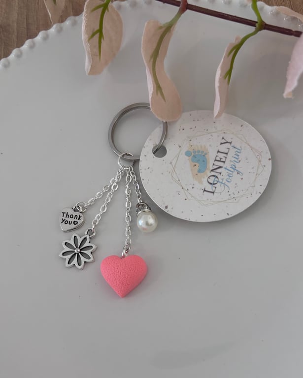Thank You Bag Charm with a Coral Polymer Clay Heart - Handmade 