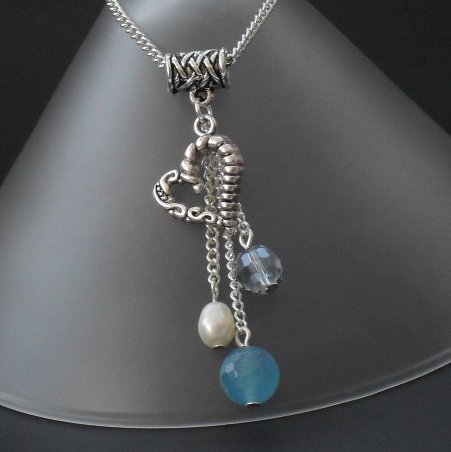 Blue quartz , crystal & pearl heart charm necklace