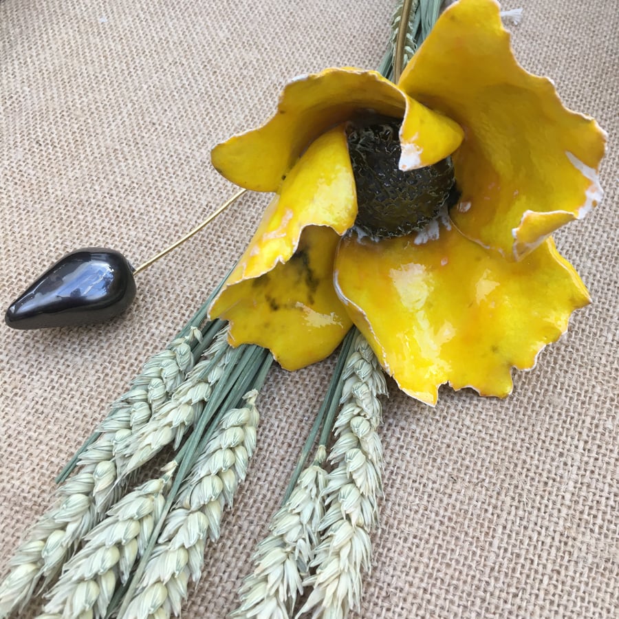 Ceramic flowers - single stem yellow poppy, for arrangement and bouquet keepsake