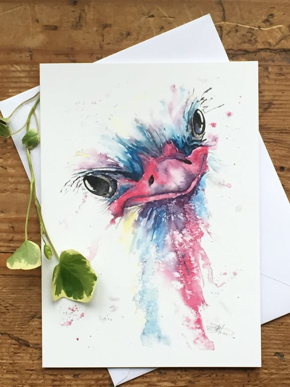 Ostrich Card, A5 blank greeting card with a watercolour ostrich design