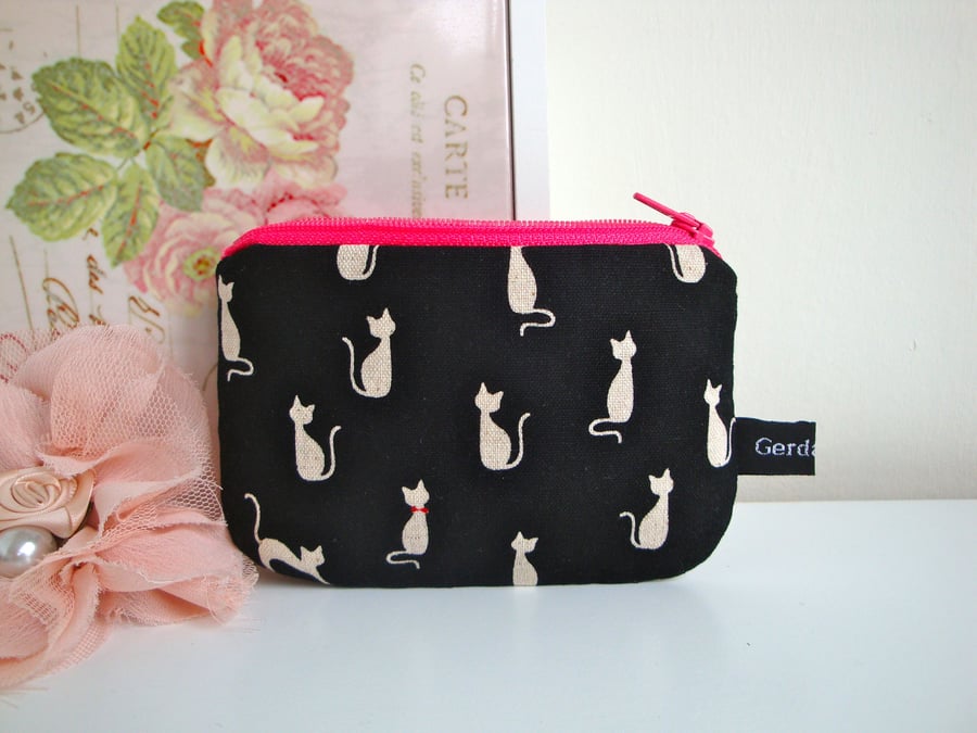 SALE Linen Cat Zipper Coin Purse 