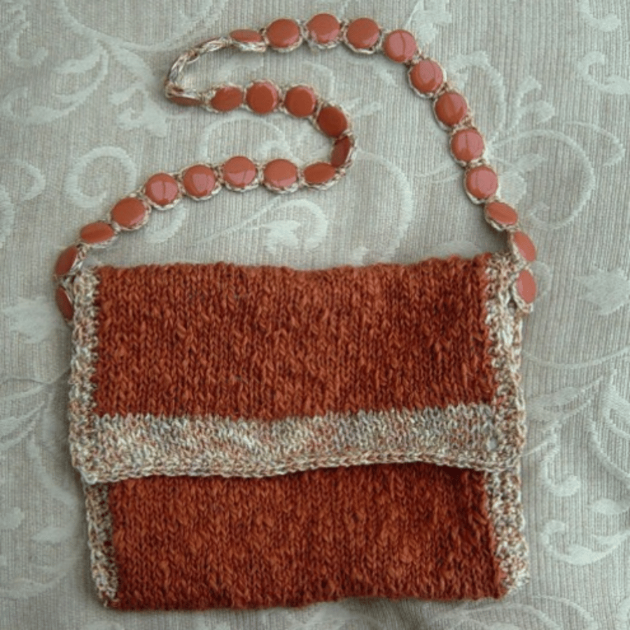 Autumn Glory! Hand Knitted & Crocheted Handbag, bead detail strap