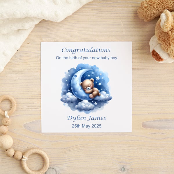 Sleeping Teddy Bear Baby Boy Personalised New Baby Card