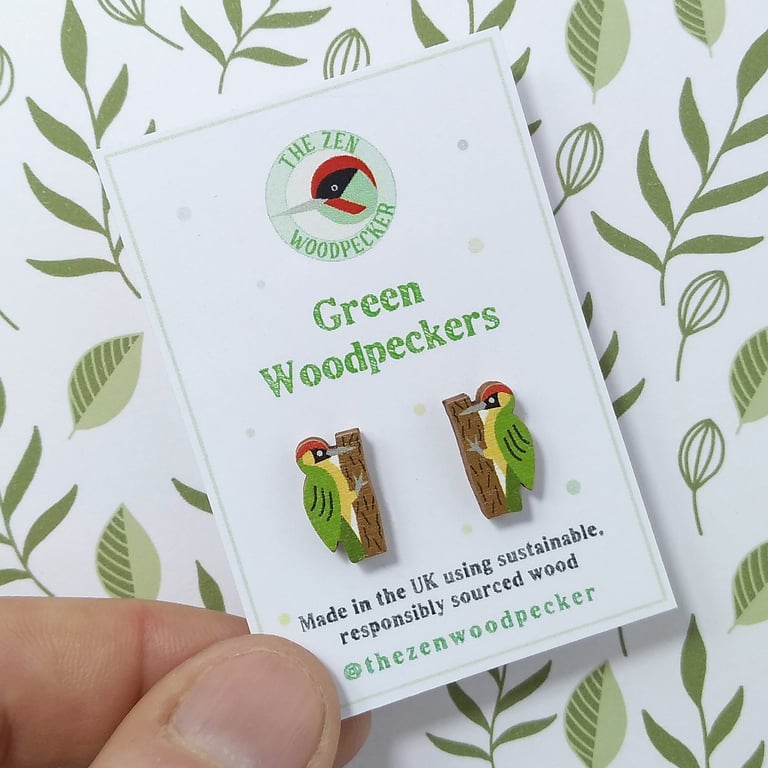 Woodpecker Earrings, Wooden Bird Studs, Silver Plated or Sterling Silver Backs