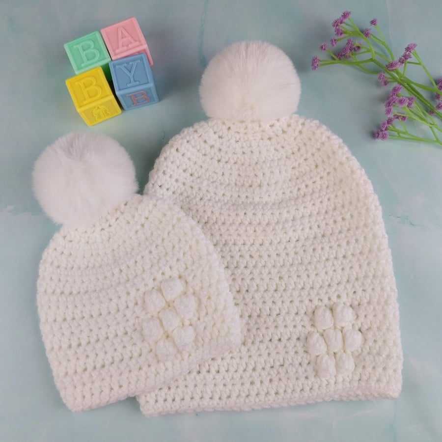 Matching Mum and Baby Crochet Hats, White Mummy and Me Beanie Set