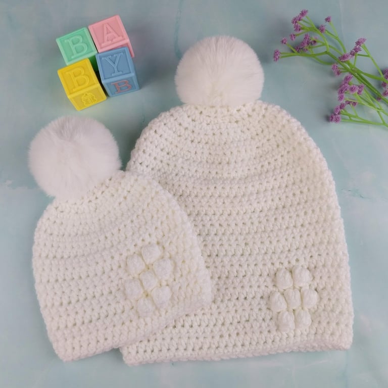 Matching Mum and Baby Crochet Hats, White Mummy and Me Beanie Set
