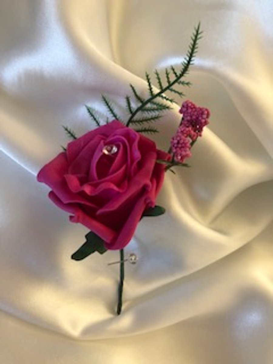 Pink Kiss Spray Boutonniere Butttonhole Optional Diamante Center - Pin Included!