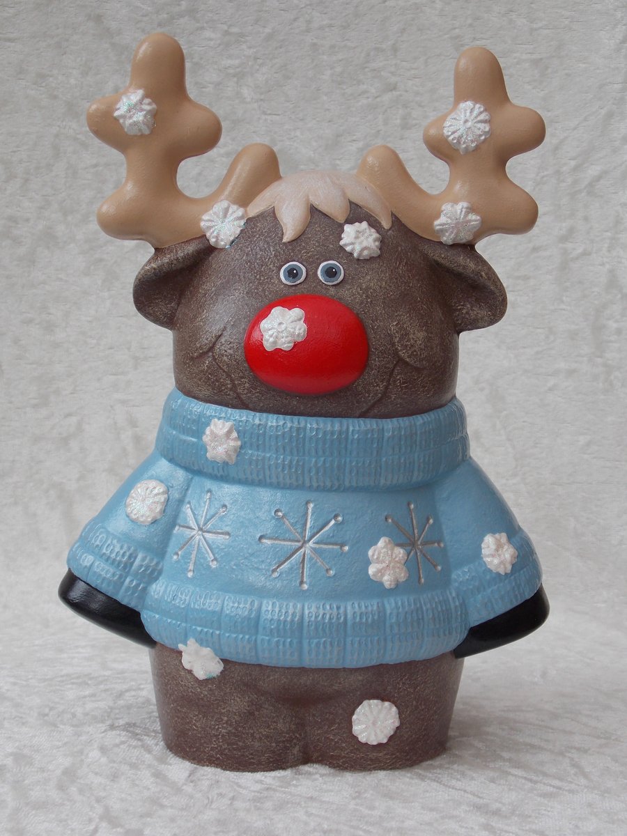 Ceramic Hand Painted Blue Silver Brown Reindeer Christmas Ornament Decoration.