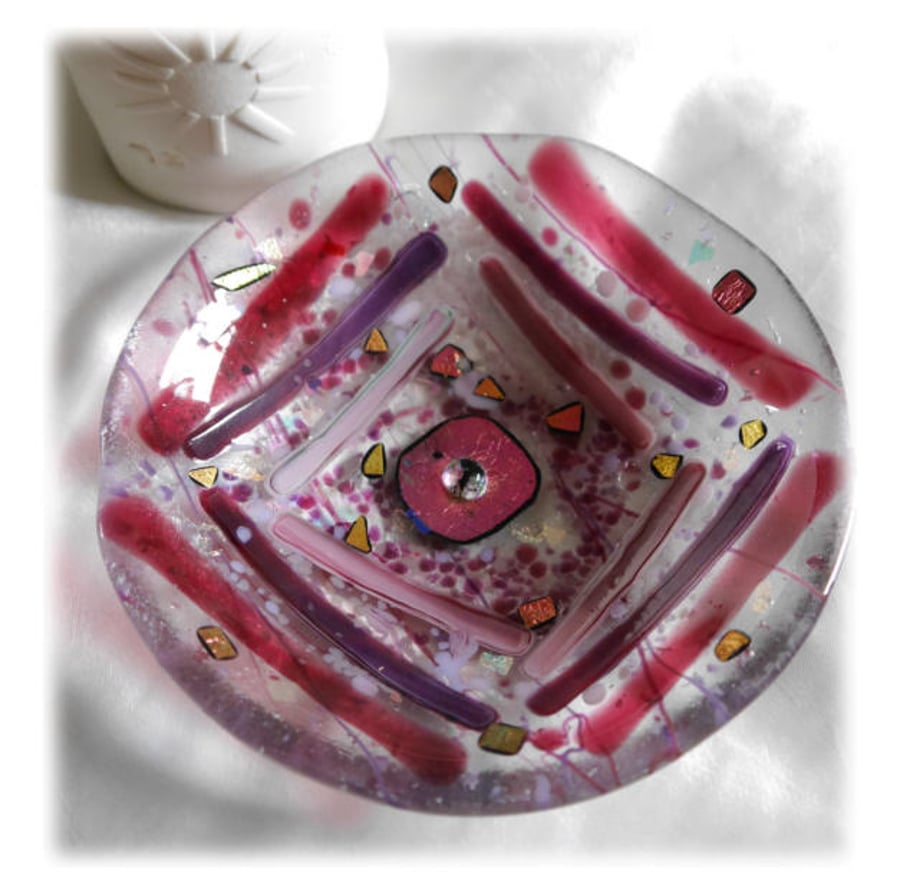 SOLD Fused Glass Bowl Round 13cm Cranberry Pink Striped Dichroic