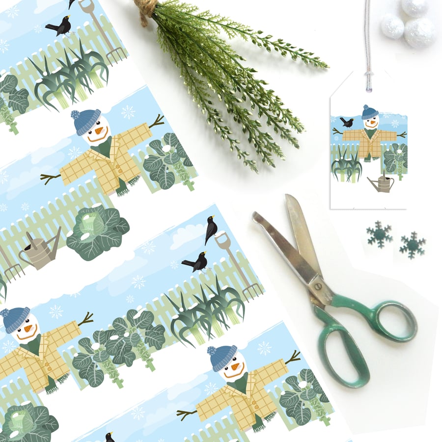 Winter Allotment Snowman Christmas Gift Wrap - Eco Friendly, Compostable Paper