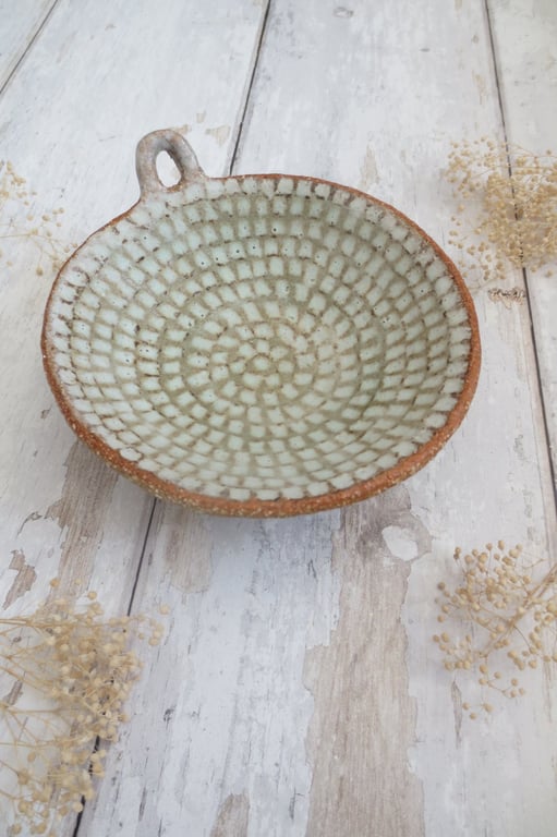 TRINKET DISH hand-built stoneware pottery tealight dish in matt white-green