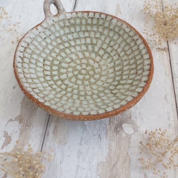 TRINKET DISH hand-built stoneware pottery tealight dish in matt white-green