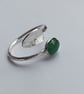 Sterling silver ring with leaf and green moss agate gemstone; adjustable size - Image 1