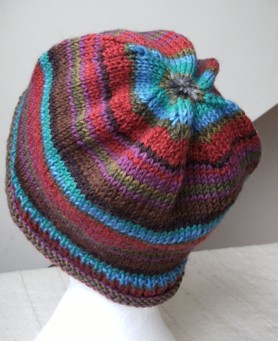 JANUARY SALE! Handknit TEEN or LADIES ROLL UP BEANIE Bright stripes