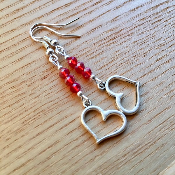 Red Triple Crystal and Heart Charm Bead Earrings, Valentines Gift