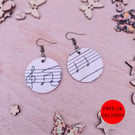 Musical Notes Wooden Decoupaged Round Copper Plated Earrings - FREE UK P&P