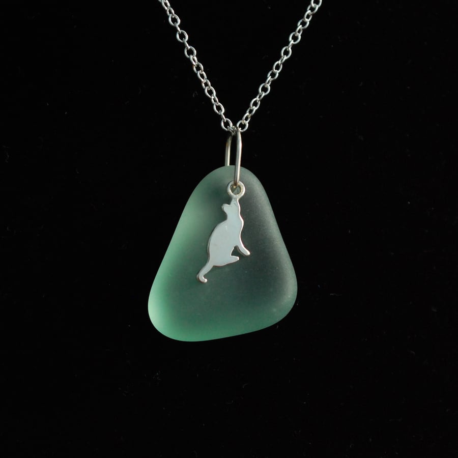 Beach glass pendant with silver cat charm