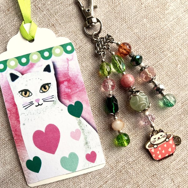 Cat bag charm, cat charm, white cat, cat in a cup, cat gift, cat lover, cat