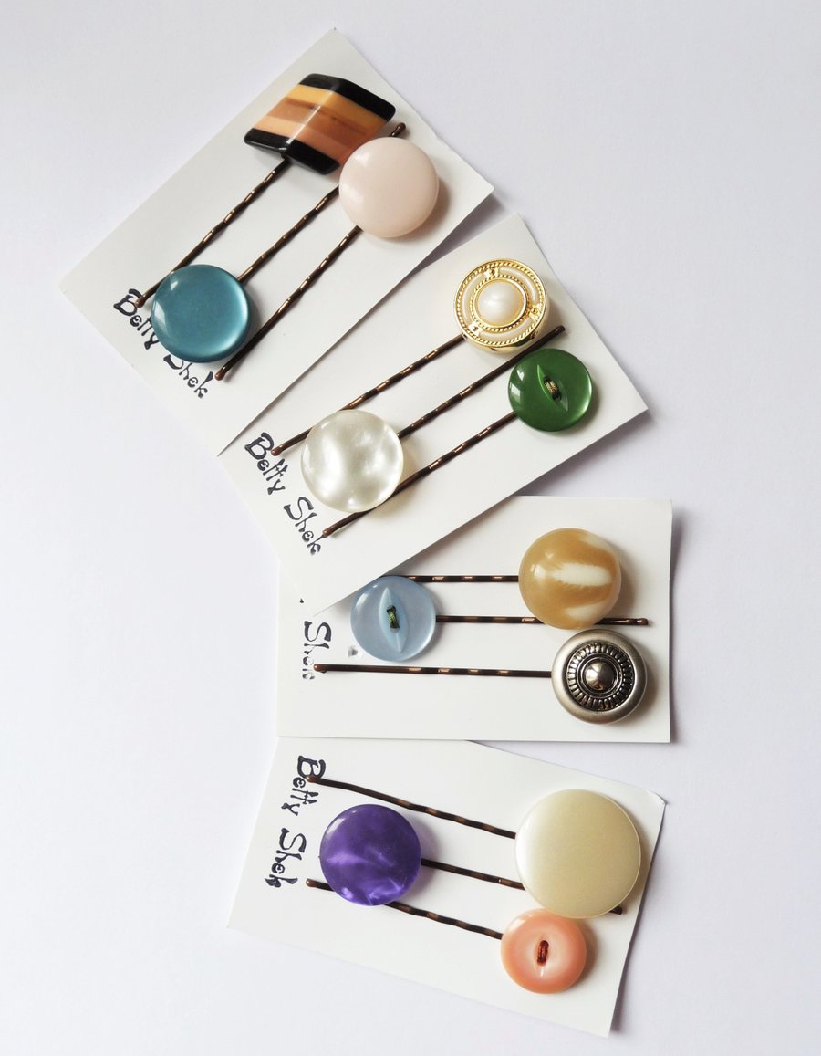 MORE THAN HALF PRICE . Four Packs Of 12 . Handmade Vintage Buttons Bobby Pins 