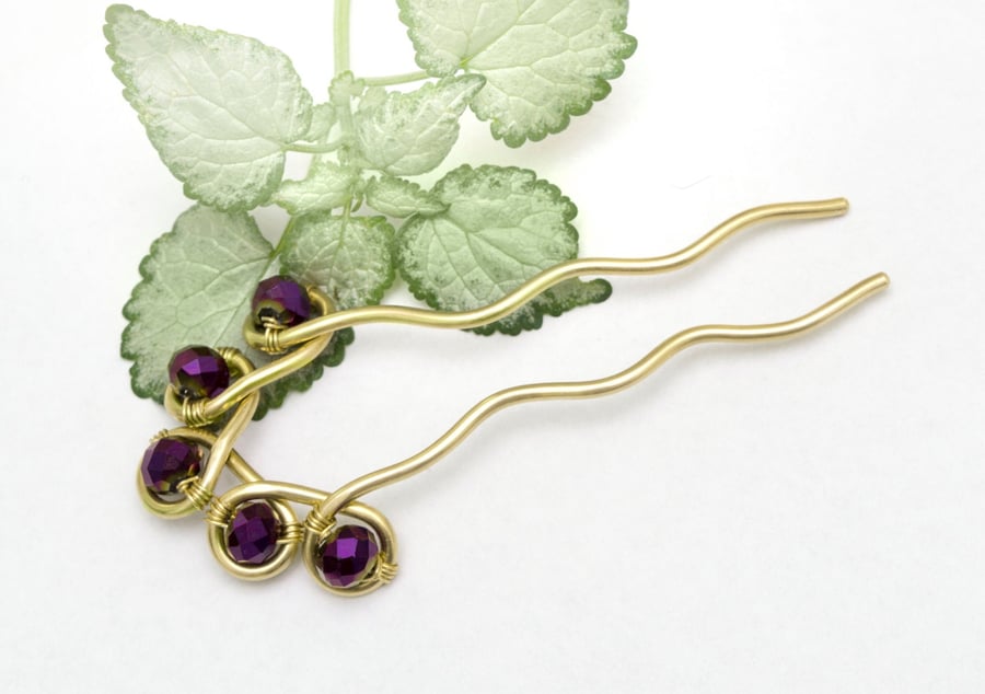 Celtic Flower Brass Hair fork,dark purple faceted ,chignon bun pin- Hair bun Sti