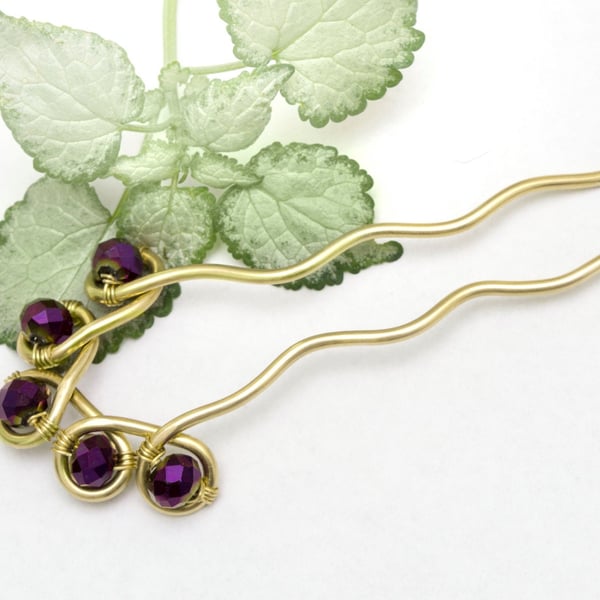 Celtic Flower Brass Hair fork,dark purple faceted ,chignon bun pin- Hair bun Sti