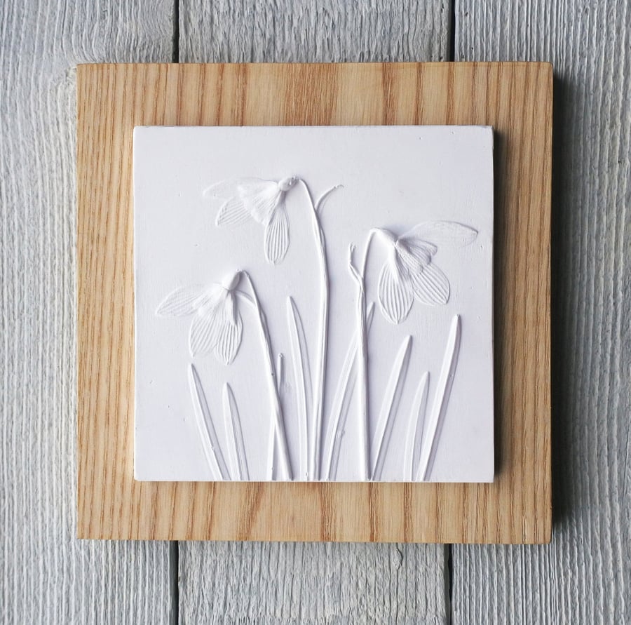 Snowdrop Plaster Cast Plaque on Wood