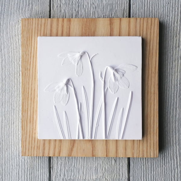 Snowdrop Plaster Cast Plaque on Wood