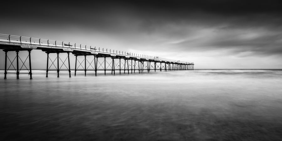 Minimalist panoramic black & white photography print of Saltburn Pier