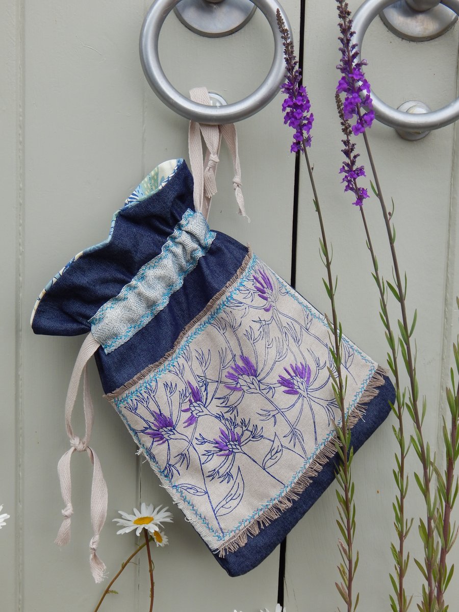 Perennial Cornflower Screen Printed and Hand embroidered- drawstring bag