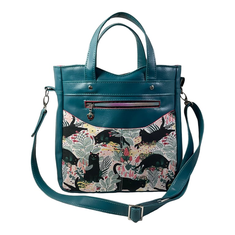 Handbag in faux leather and cat print, vegan ladies gift, handles and crossbody 