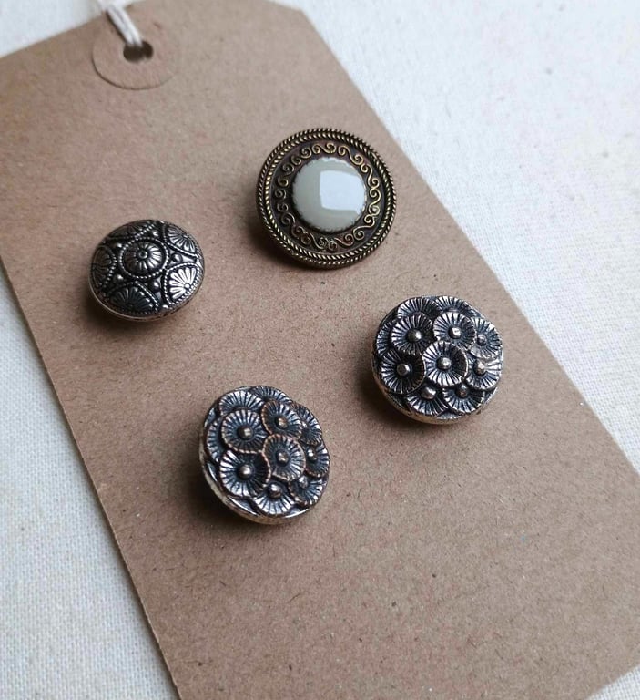 Vintage Buttons - four pretty domed metal buttons with shanks 