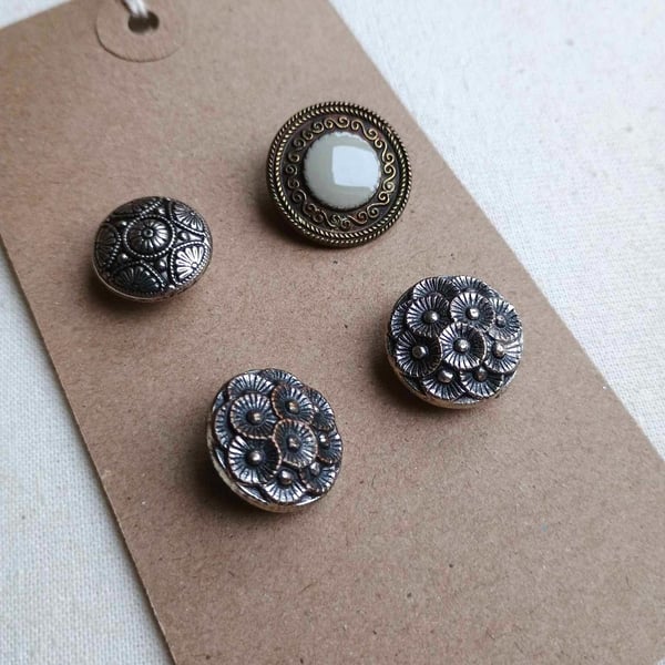 Vintage Buttons - four pretty domed metal buttons with shanks 