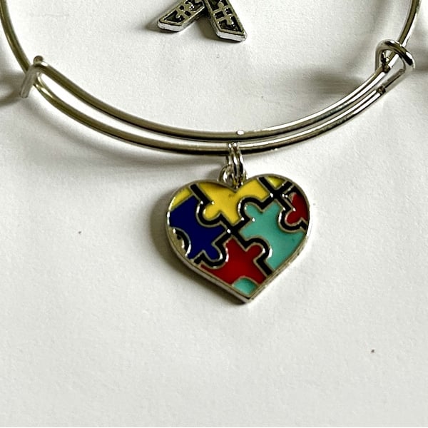 Autism Awareness Colourful Heart Charm on silver Coloured Expandable Bracelet