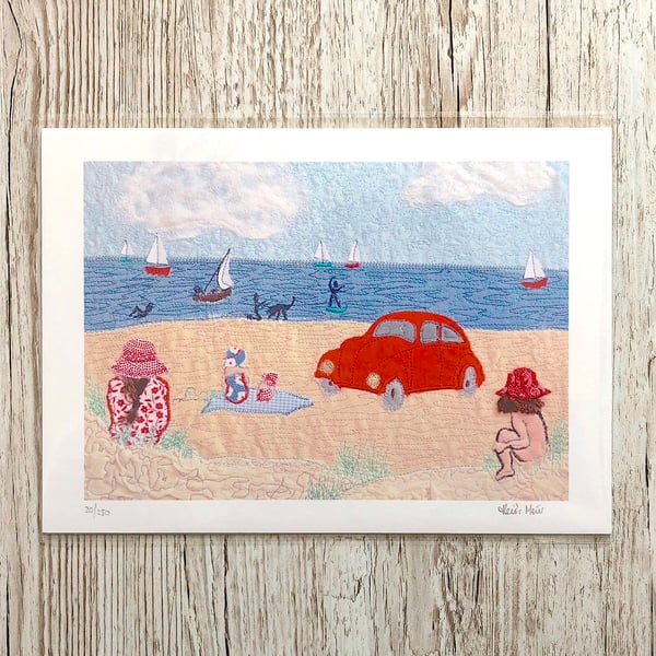 Beetle beach seaside A4 giclee print - limited edition sand sea print beetle car