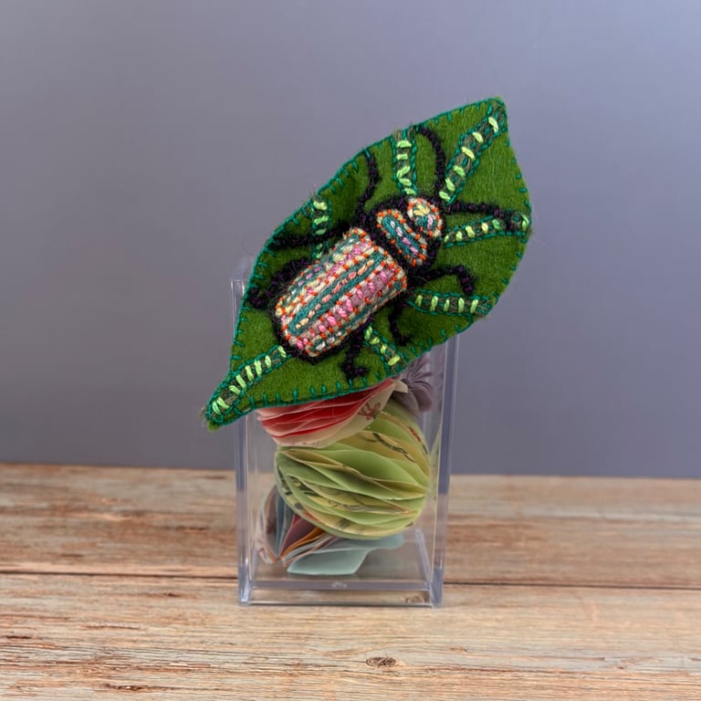 Needle-felt and Embroidery Beetle on a Leaf