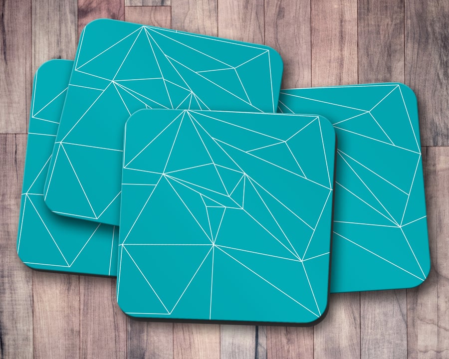 Set of 4 Turquoise and White Line Geometric Coasters