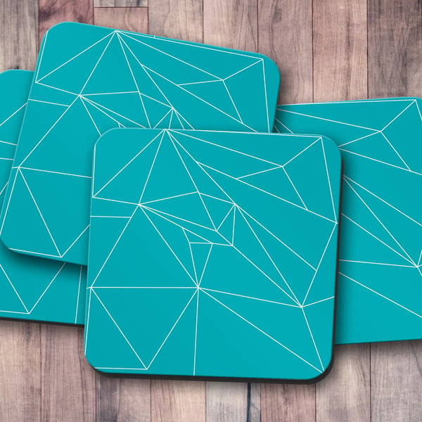 Set of 4 Turquoise and White Line Geometric Coasters