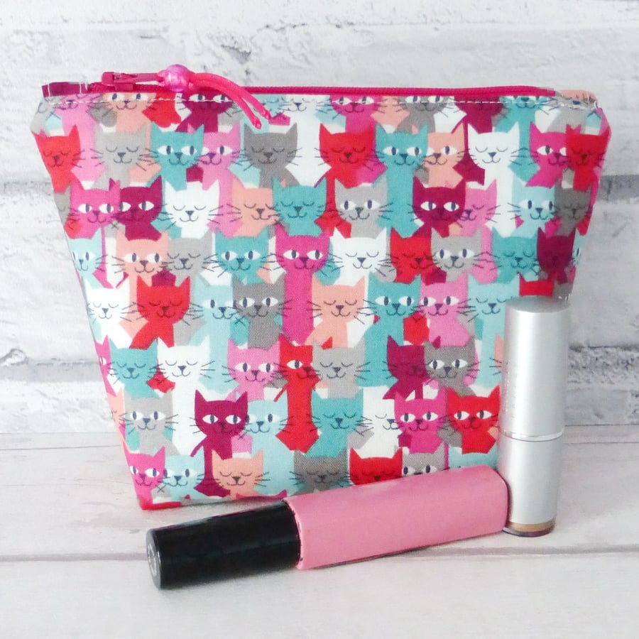 Cats make up bag, zipped pouch, cosmetic bag,  medium size.