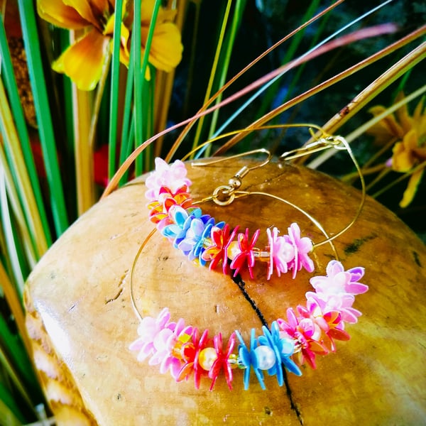 Bright Multicoloured Flower Sequin and Bead Large Hoop Gold Plate Earring