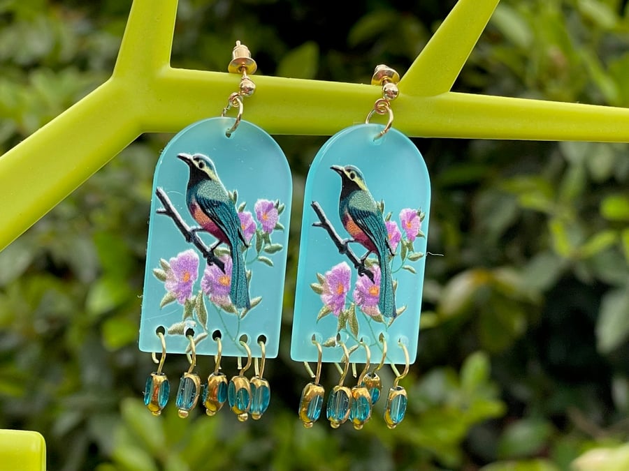 resin bird earrings blue electroplate crystal drop fringe gold tone