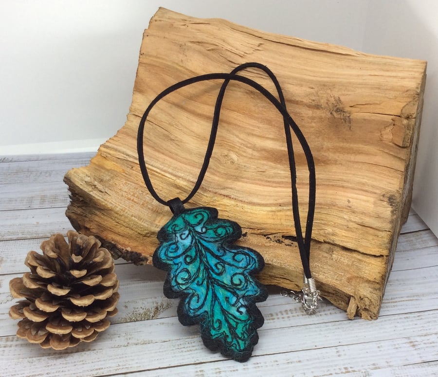 Embroidered oak leaf necklace. 