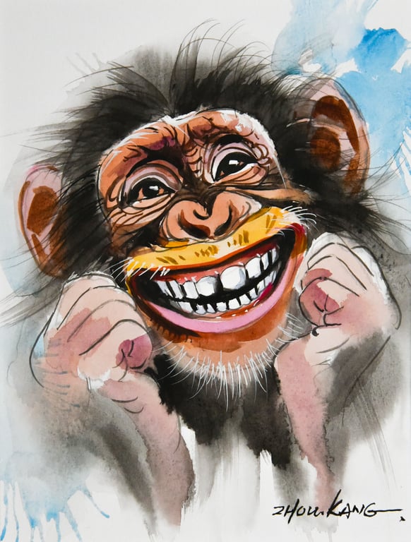 Funny Chimp Watercolour Painting on Paper and Framed (One of a Kind) No.1