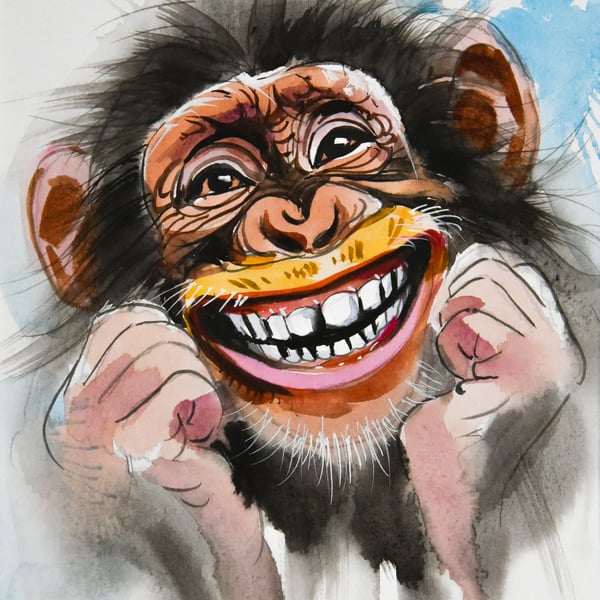 Funny Chimp Watercolour Painting on Paper and Framed (One of a Kind) No.1