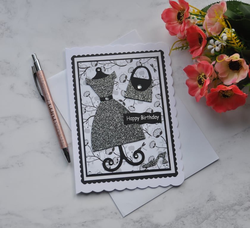 Birthday Card Black Glitter Dress Handbag Shoes 3D Luxury Handmade Card