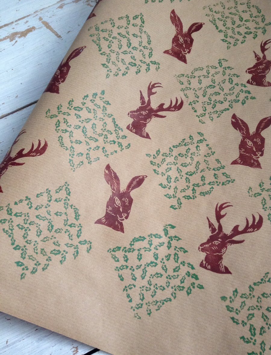 Hand printed Holly, Stag and Hare Gift Wrap
